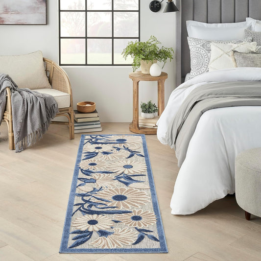 Nourison Home Aloha Outdoor Blue Grey 2'3" x 8' Area Rug, Easy Cleaning, Non Shedding, Bed Room, Living Room, Dining Room, Deck, Backyard, Patio (2x8)