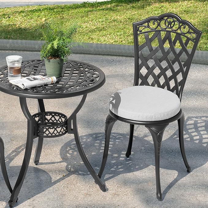 NUU GARDEN 3-Piece Patio Bistro Set, Outdoor Cast Aluminum Bistro Table and 2 Chairs with Gray Cushions and Umbrella Hole, Weather-Resistant Outdoor Furniture Set for Balcony, Lawn, Garden, Black