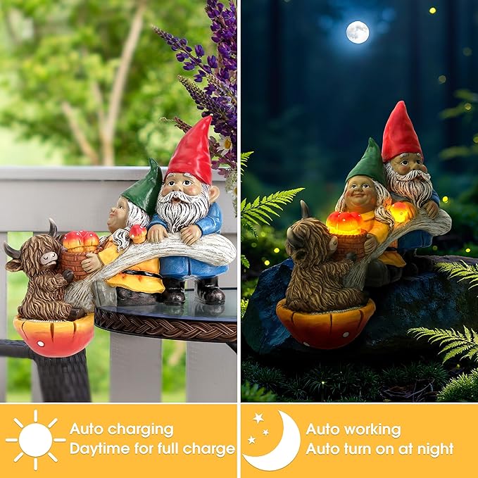 Garden Gnomes & Highland Cow with Mushroom Solar Light, Garden Gnomes Outdoor Statue Solar Yard Decorations for Patio Lawn Porch Accent (Couple Gnome Figurine)