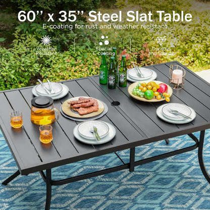 PHI VILLA 6-Person Outdoor Metal Steel Slat Dining Rectangle Table with Adjustable Umbrella Hole, Weather-Resistant for Patio Outdoor Use, Black