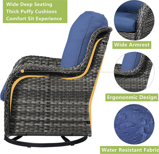 Outdoor Patio Swivel Rocker Chairs - 3 Piece Patio Bistro Set,Wicker Patio Furniture Set with 2 Swivel Rocking Chairs and 1 Glass Top Side Table for Deck Porch Garden,Mixed Grey/Blue