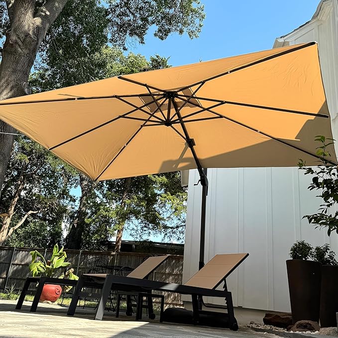 PURPLE LEAF 8.2' X 11.5' Left-right Tilting Patio Umbrella Outdoor Cantilever Swivel Rectangle Umbrella with Tilt Aluminum Offset Umbrella with 360-degree Rotation for Garden Deck Pool Patio Beige
