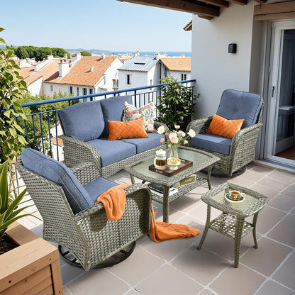 HOOOWOOO Patio Furniture Set,5 Pieces Outdoor Conversation Set,All Weather Wicker Loveseat Sofa Set with High Back Swivel Rocking Chairs Tables,Denim Blue