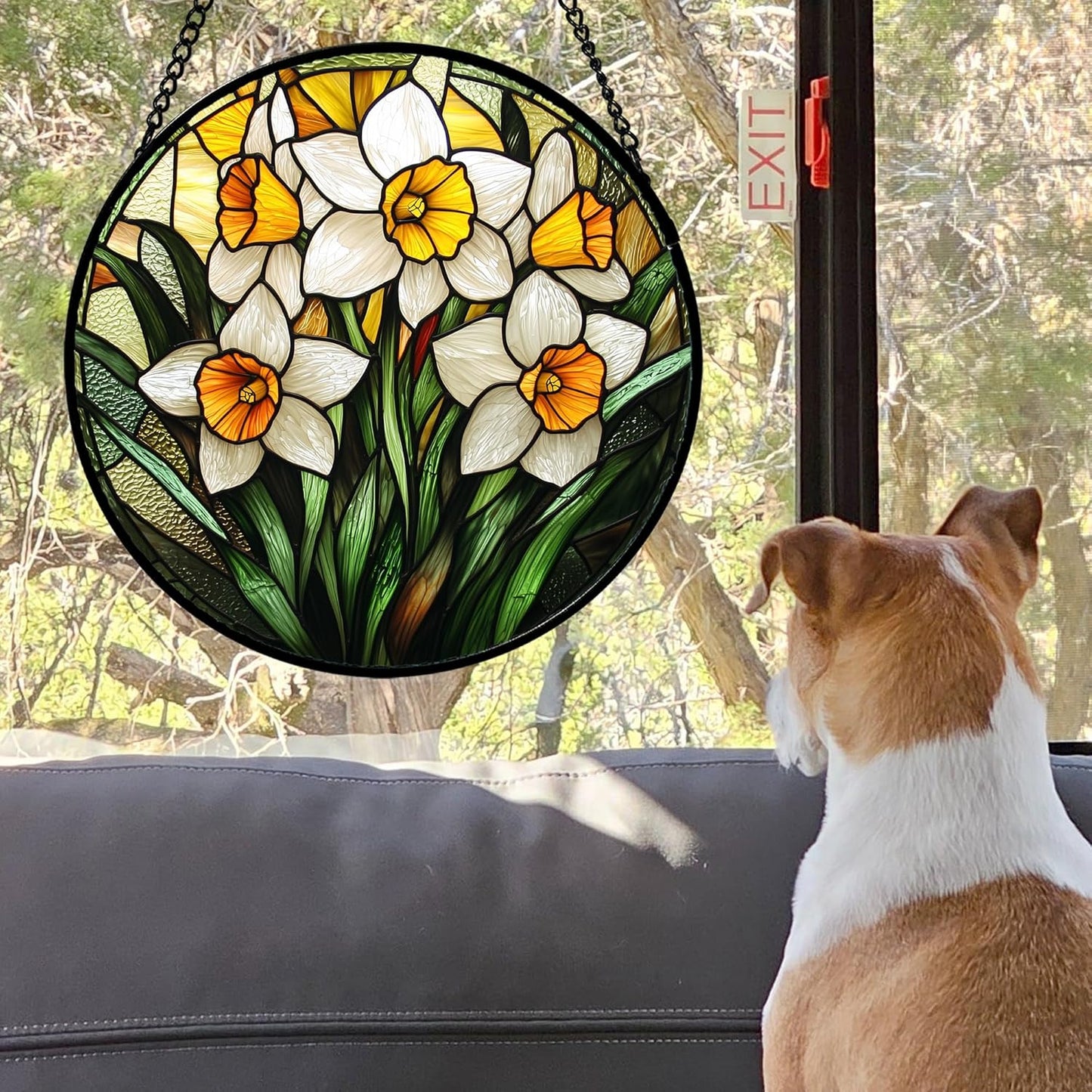 Stained Glass Window Hanging, Yellow and White Daffodils Sun Catcher for Door Home Decor Plants Flowers Suncatcher Christmas Mother's Day Birthday Gifts for Women Men Mom Nana 11.8 in