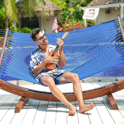 Lazy Daze Hammocks 10.5 FT Double 2 Person Caribbean Rope Hammock, Hand Woven Polyester Hammock with Spreader Bars, for Outside Outdoor Backyard Patio Poolside,450 LBS Capacity, Blue