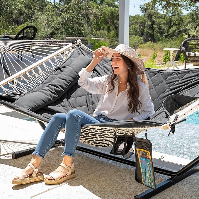 ANOW Outdoor Hammock with Stand 12FT, Heavy Duty Hammock with Steel Stand, Included Detachable Pillow and Pad, 450 LBS Weight Capacity, Gray