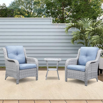 Rilyson Patio Bistro Set Wicker Chairs - 3 Piece Outdoor Rattan Conversation Set with 2 Armrest Chair and 1 Side Table for Proch Deck Garden Backyard Balcony(Light Grey/Sky Blue)