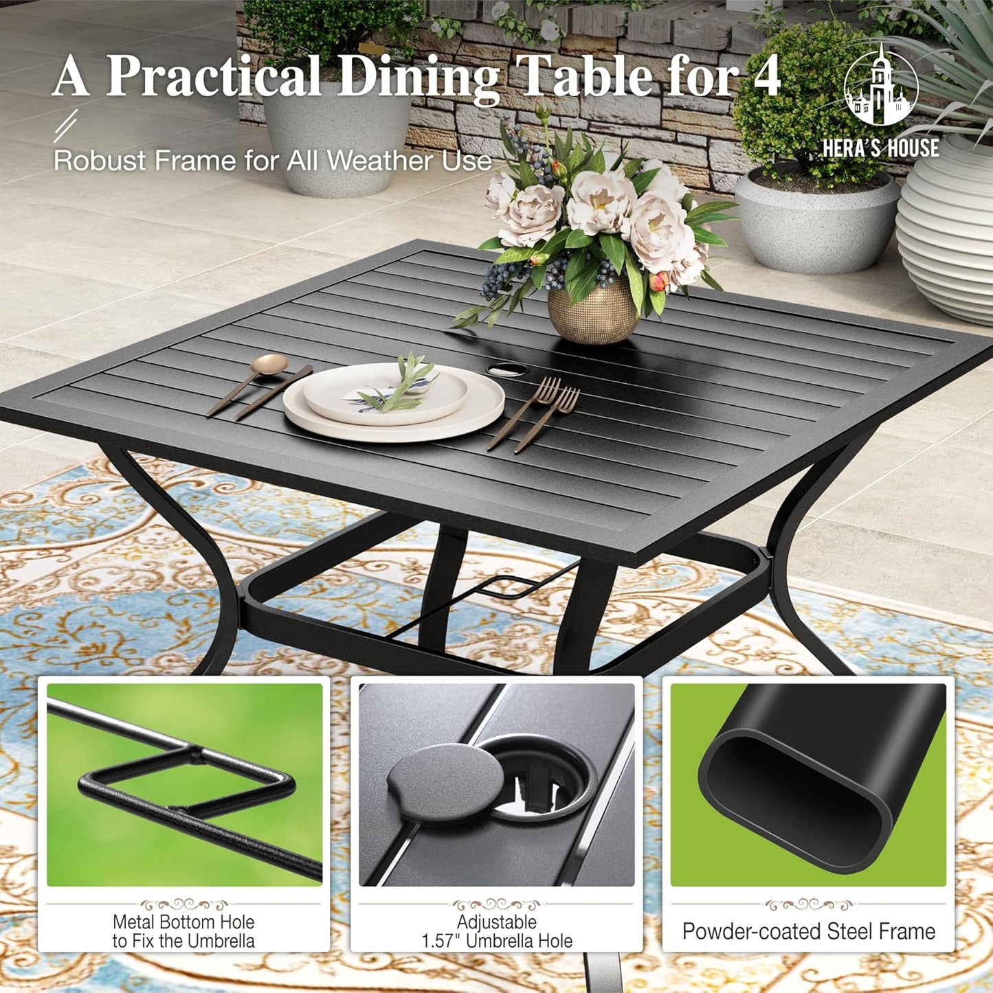 HERA'S HOUSE Red Patio Dining Set for 4, 5 Piece Outdoor Table and Chairs Set, 4 x Textilene Dining Chair, 37" Square Metal Dining Table, for Lawn Garden Backyard Deck