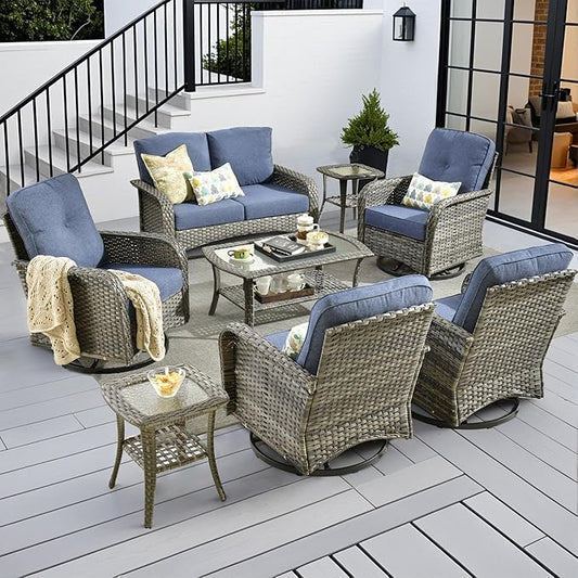 8-Piece Wicker Patio Furniture Set, All-Weather Rattan Conversation Bistro Loveseat Chair and Patio Rockers Set for Backyard, Balcony and Deck with Soft Cushions and Metal Table(Blue)
