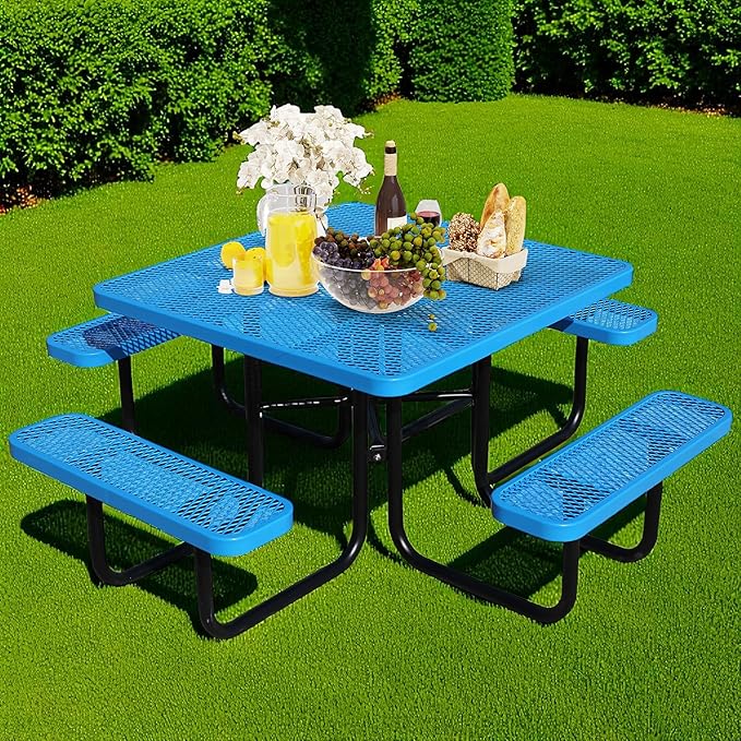 46" Square Picnic Table for Outside,Heavy Duty Metal Picnic Table Bench Set with 2in Umbrella Hole, 1600 lb Capacity,Commercial Dining Table Furniture for Garden Yard Patio Party Coffee Shop