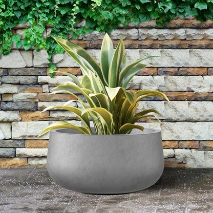 Kante 15.7" Dia Round Concrete Planter, Outdoor Indoor Garden Plant Pots with Drainage Hole and Rubber Plug, Modern Curvaceous Design, Natural Concrete