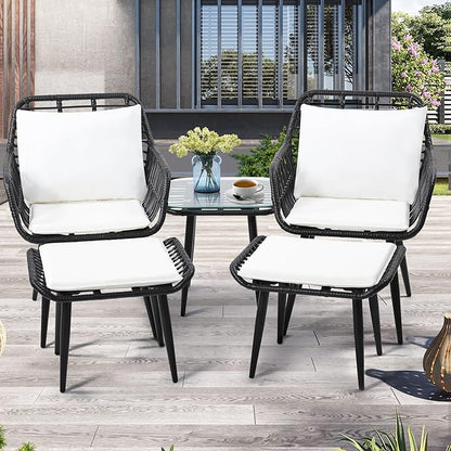 5 Piece Wicker Bistro Patio Conversation Furniture Set, Includes 2 Chairs, 2 Ottomans, and Side Table, Ideal for Porch, Balcony, Deck, Backyard, Black