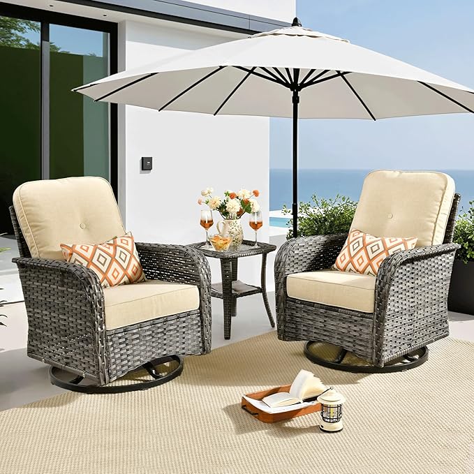 ovios 3 Pieces Patio Furniture Set, Outdoor Rocking Chairs of 2, Wicker Swivel Glider Chairs with Side Table Thick Cushions, All Weather Rattan Bistro Set for Porch, Beige