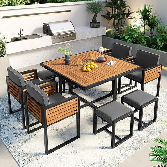 Merax 9 Pieces Outdoor Dining Set for 8 People, Acacia Wood Patio Furniture Sets with 1 Square Table, 4 Cushioned Chairs and 4 Ottomans for Backyard, Garden, Lawn, Poolside, Space Saving Design, Gray