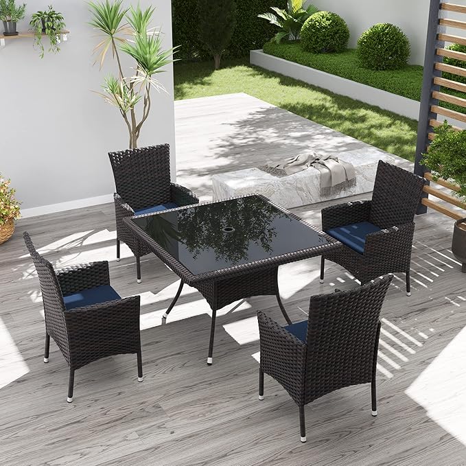 Kurapika 5-Piece Patio Furniture Outdoor Dining Set, Wicker Rattan Patio Dining Table and Chairs Set, Square Tempered Glass Tabletop with 4 Chair Set, Navy Blue