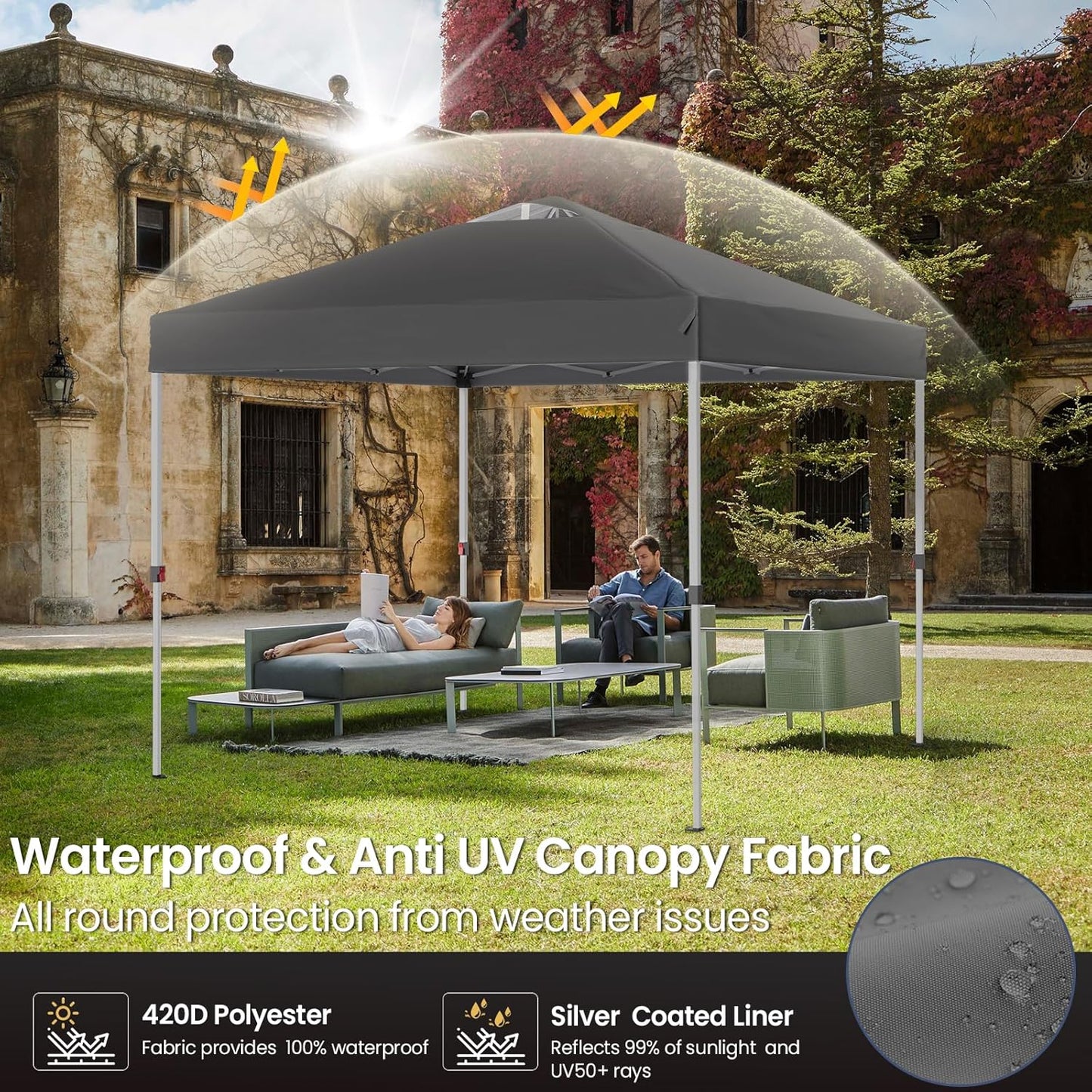 Shades 10x10 Pop Up Canopy with One Push Setup,Heavy Duty Beach Tent with Wheels for Easy Moving, Sun Shelter for Parties,Events, Outdoor Gazebo with 420D Coated Waterproof Grey Fabric