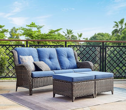 Rilyson Outdoor Furniture Set, 5-Piece Patio Rattan Wicker Sectional Sofa Set with 3-Seat Couch, 2 Armchairs, 2 Ottoman Footrests for Patio Conversation (5 PC,Brown/Blue)