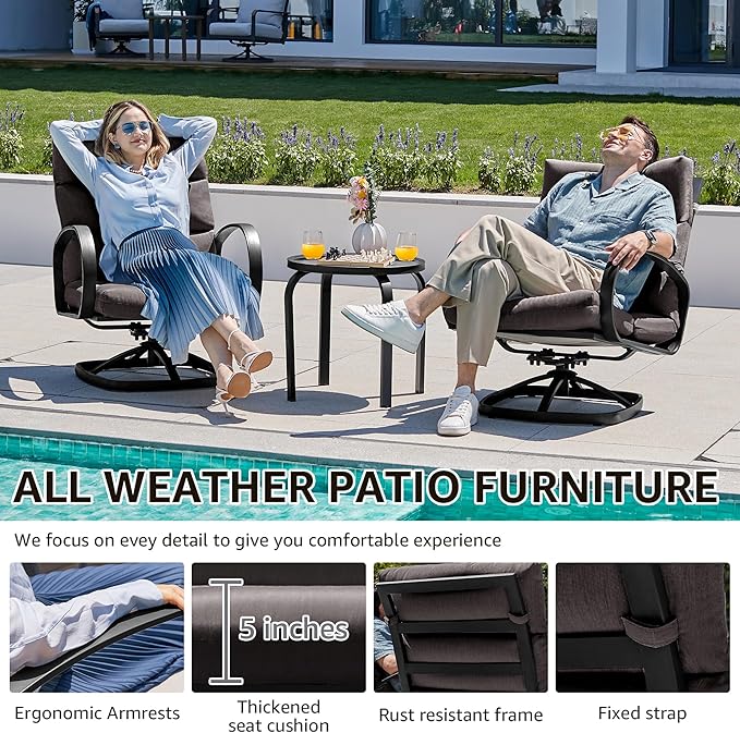 NATURAL EXPRESSIONS Patio Bistro Set, 3 Piece Outdoor Swivel Glider Rocking Chairs, Conversation Furniture with 2 Highback Rockers, 1 Table and 5" Cushion for Backyard,Porch,Yard,350lb. (Dark Grey)