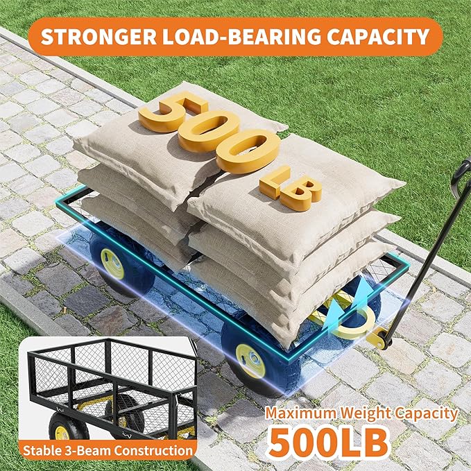 500 Lbs Garden Wagon, 2-in-1 Heavy-Duty Steel Garden Cart, with 10 Inch All-Terrain Tires and Removable Mesh Side Panels, 180° Rotating Handle, Metal Utility Yard Trailer, Outdoor Gardens Wagon Cart