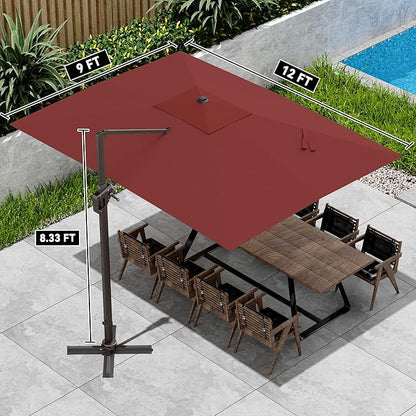9' X 12' Cantilever Patio Umbrella 360°Rotation Rectangular Outdoor Large Offset Umbrellas Heavy Duty Windproof for Garden Deck Pool Backyard, Red