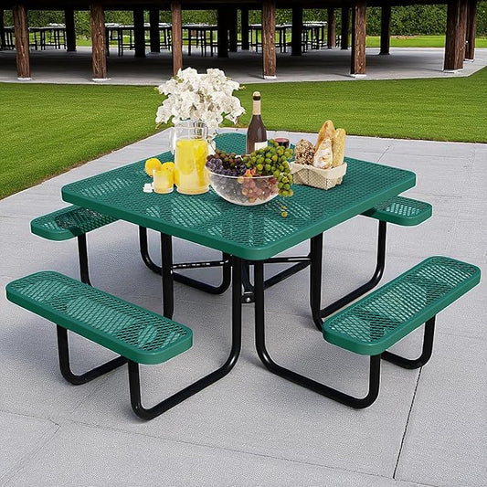 46" Square Picnic Table for Outside,Heavy Duty Metal Picnic Table Bench Set with 2in Umbrella Hole, 1600 lb Capacity,Commercial Dining Table Furniture for Garden Yard Patio Party Coffee Shop