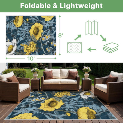 GENIMO Indoor Outdoor Area Rug 8' X 10' Waterproof, Washable Patio Rug Non Shedding, Easy Cleaning Floral Outdoor Carpet for Living Room, Bedroom, Dining Room, Balcony, Deck, RV, Backyard, Blue Yellow