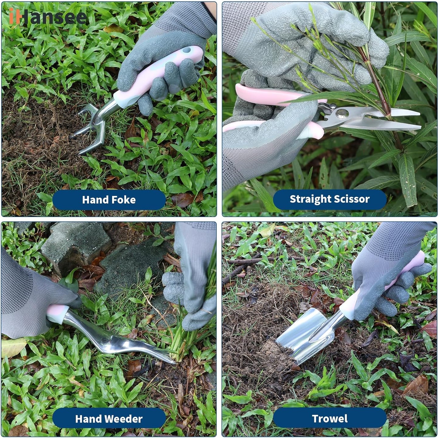 Pink Garden Tool Sets 12 Pieces, iHansee Aluminum Gardening Hand Tools with Non-Slip Handle, Kneeling Pad, Apron, Gloves and Organizer Bag, Landscaping Tools - Gift for Women & Garden Enthusiasts