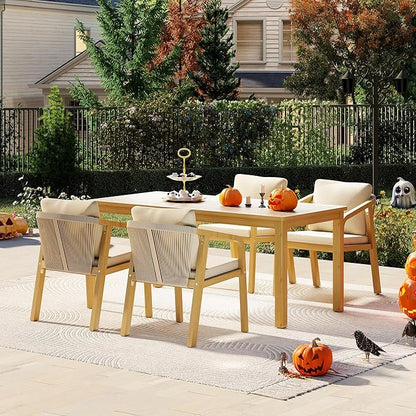 Wisteria Lane 5 Pieces Acacia Patio Dining Set for 4, Patio Dining Table and Chairs Set with Cushion, Modern Outdoor Dining Furniture Set for Lawn Backyard Garden Deck, Beige