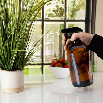 kitchentoolz Large 32oz Amber Glass Gardening Spray Bottles with Funnel - Refillable Trigger Sprayer Container for Plant Misting, Hair Salon, Indoor and Outdoor