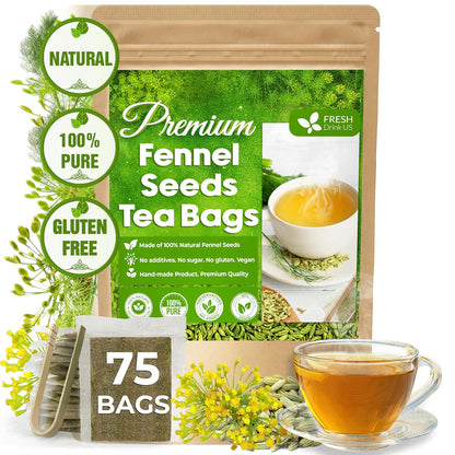 FreshDrinkUS, Premium 75 Fennel Seed Tea Bags – 100% Natural & Pure, Handmade Herbal Tea, Eco-Friendly, Fresh Aroma, Made with Natural Material Tea Bags. No Sugar, No Caffeine, No Gluten, Vegan.