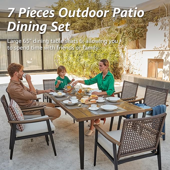 NATURAL EXPRESSIONS 7 Piece Patio Dining Set for 6 Outdoor Furniture Set, Rattan Wicker Chairs with Cushions and 65” Large Dining Table with 1.65'' Umbrella Hole for Patio, Garden, Porch, Pool, Beige