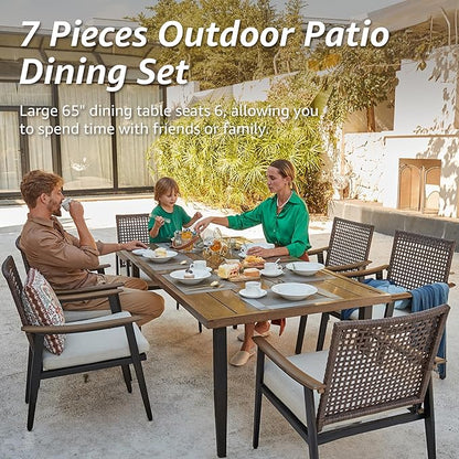 NATURAL EXPRESSIONS 7 Piece Patio Dining Set for 6 Outdoor Furniture Set, Rattan Wicker Chairs with Cushions and 65” Large Dining Table with 1.65'' Umbrella Hole for Patio, Garden, Porch, Pool, Beige