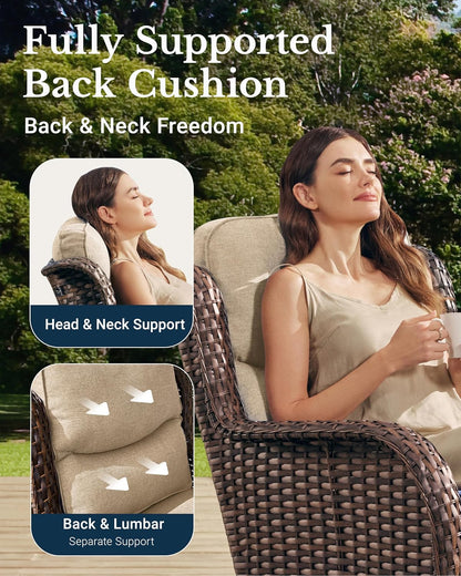 HILLGA Luxury Outdoor Swivel Rocker Patio Chairs of 2 with 6 Inch Thick Cushions and Side Table, Swivel Outdoor Chairs 3PCS High Back Wicker Patio Furniture Set for Porch, Balcony, Deck in Beige