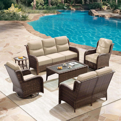 HILLGA Luxury Patio Furniture Set with 6-Inch Thick Cushions, High Back Outdoor Swivel Rocker Chairs Patio Loveseat and Couch, 6-Piece All Weather Conversation Set for Porch Deck Pool Yard, Beige (V3)