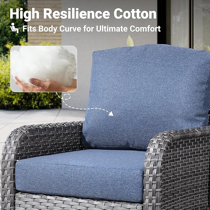 ovios 2 Pieces Patio Furniture Set, Outdoor Wicker Chairs of 2, All Weather High Back Rattan Chairs 2-Seater with Comfy Cushions for Porch Deck, Denim Blue