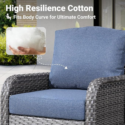 ovios 2 Pieces Patio Furniture Set, Outdoor Wicker Chairs of 2, All Weather High Back Rattan Chairs 2-Seater with Comfy Cushions for Porch Deck, Denim Blue