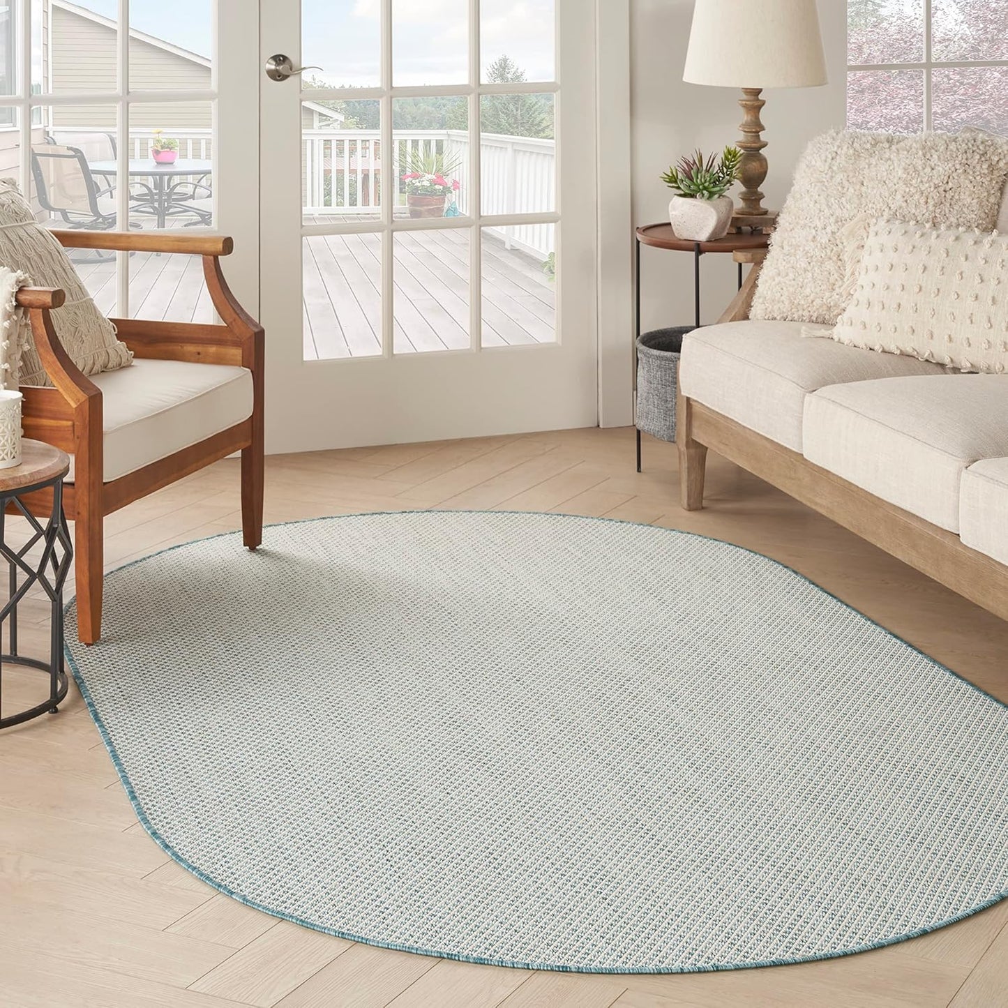 Nourison Home Courtyard Indoor/Outdoor Ivory/Aqua 5' x 8' Oval Area Rug, Easy Cleaning, Non Shedding, Bed Room, Living Room, Dining Room, Backyard, Deck, Patio (5x8 Oval)