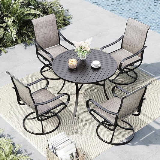 MFSTUDIO Outdoor Dining Set for 4，Round Patio Table and Chairs with Umbrella Hole, 5 Piece Patio Dining Set for Deck, Backyard, Poolside & Garden