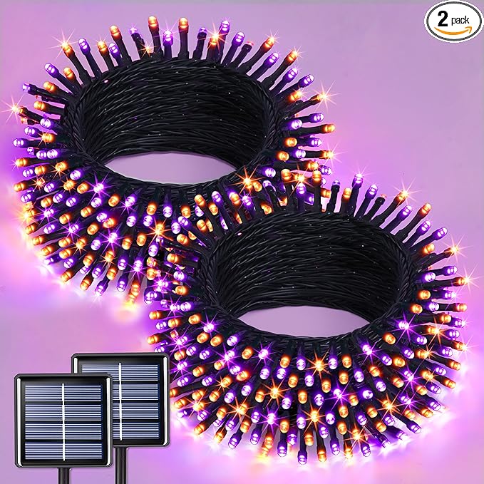 JMEXSUSS Orange and Purple Solar Halloween Lights, 2 Pack Total 400 LED Solar String Lights Outdoor Waterproof, 8 Modes Halloween Light for Outside Patio Yard Tree Decorations