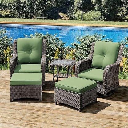 Joyside 5 Piece Outdoor Patio Furniture Set Wicker Conversation Bistro Set Swivel Rocking Chairs with Side Table and Ottomans for Backyard, Porch, Deck(Mixed Grey/Green)