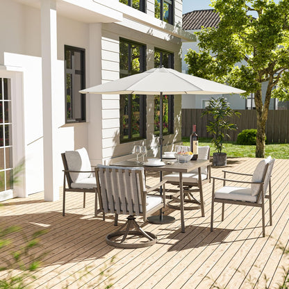 HAPPATIO Patio Table for 4, Modern Square Outdoor Dining Table with Umbrella Hole and Adjustable Feet, All Weather Aluminum Patio Table for Garden, Backyard and Poolside, Grey