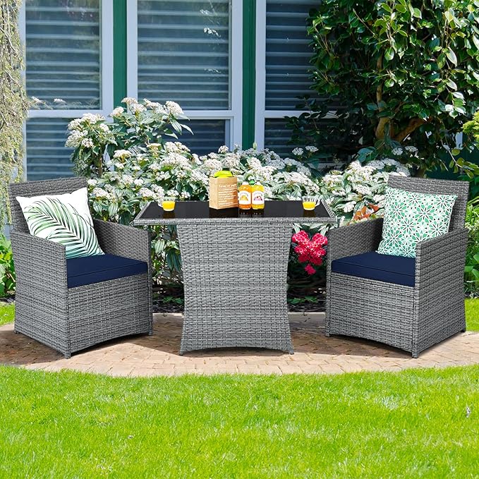 Tangkula 3 Pieces Patio Dining Set, Patiojoy Space-Saving PE Rattan Bistro Set with Tempered Glass Top Table and Cushioned Chairs, Outdoor Conversation Set for Garden, Backyard, Poolside, Porch