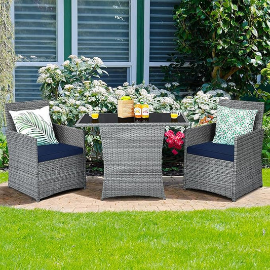 Tangkula 3 Pieces Patio Dining Set, Patiojoy Space-Saving PE Rattan Bistro Set with Tempered Glass Top Table and Cushioned Chairs, Outdoor Conversation Set for Garden, Backyard, Poolside, Porch