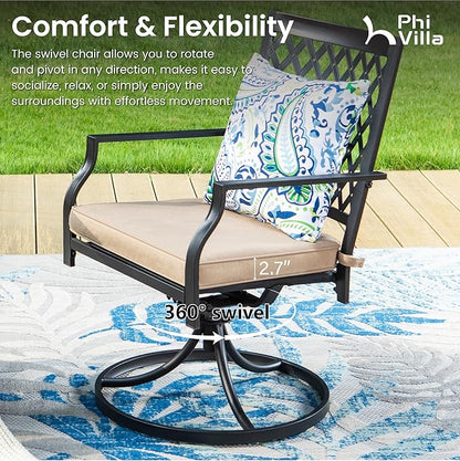 PHI VILLA 3 Piece Outdoor Bistro Dining Set for 2, Metal Steel Round Table & Swivel Wrought Iron Chairs, Small Furniture Conversation Set for Patio, Porch, Deck, Balcony