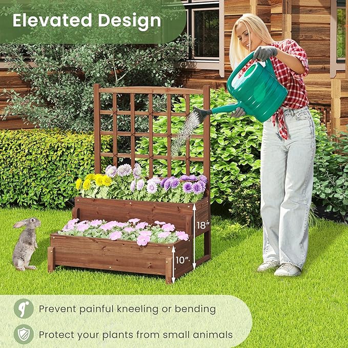 HAPPYGRILL Raised Garden Bed with Trellis, Drainage Holes, 2-Tier Wooden Elevated Planter Box w/Legs for Climbing Plants Vine Flower Herb Vegetable Fruit, Outdoor Garden Box for Patio Balcony