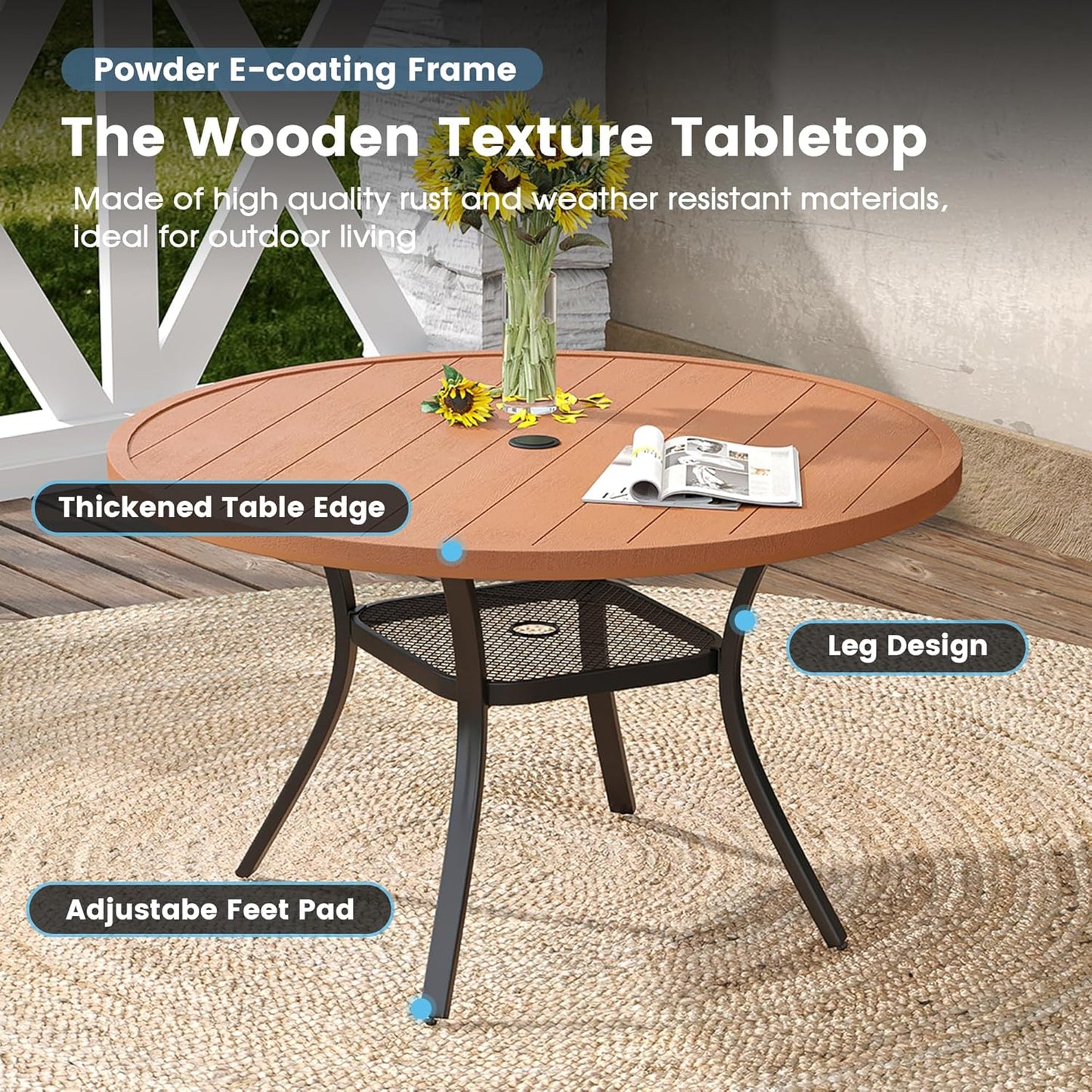 DIFY Round Outdoor Patio Dining Table for 4, 41.7" Patio Table with All-Weather Faux Wood Tabletop and Metal Steel Frame, Outside Table for Garden Porch Backyard, Walnut