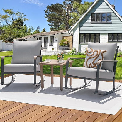 NATURAL EXPRESSIONS Glider Rocking Chair Bistro Set, 3 Pieces Outdoor Patio Furniture Conversation Set with 2 Rocker Chairs, 1 Table and Thick Cushions for Backyard, Porch, Balcony, 350lbs, Grey.