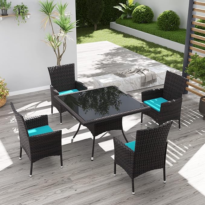 Kurapika 5-Piece Patio Furniture Outdoor Dining Set, Wicker Rattan Patio Dining Table and Chairs Set, Square Tempered Glass Tabletop and 4 Chair Set, Blue