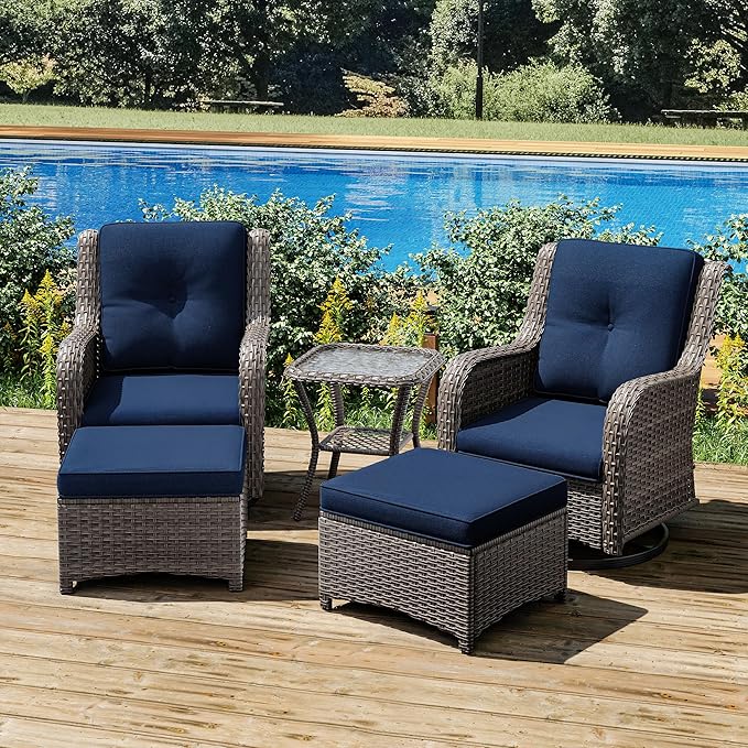 Joyside 5 Piece Outdoor Patio Furniture Set Wicker Conversation Bistro Set Swivel Rocking Chairs with Side Table and Ottomans for Backyard, Porch, Deck(Mixed Grey/Blue)