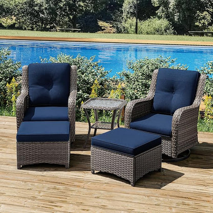 Joyside 5 Piece Outdoor Patio Furniture Set Wicker Conversation Bistro Set Swivel Rocking Chairs with Side Table and Ottomans for Backyard, Porch, Deck(Mixed Grey/Blue)